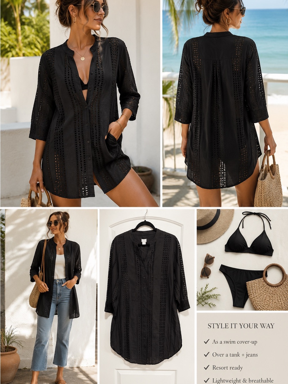 Chico's Black Eyelet Button-Front Tunic or Swim Cover-Up Size Largr